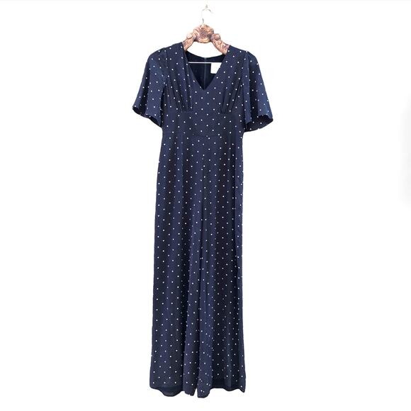 L.K. Bennett Diana Silk Polka Dot Wide Leg Jumpsuit V Neck Navy 6 - Picture 1 of 10
